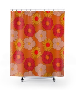 Funky Orange Mod Daisies Groovy Retro Shower Curtain for Boho Bathroom Decor