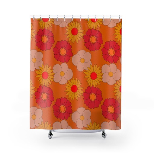 Funky Orange Mod Daisies Groovy Retro Shower Curtain for Boho Bathroom Decor