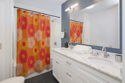 Funky Orange Mod Daisies Groovy Retro Shower Curtain for Boho Bathroom Decor - Image 2
