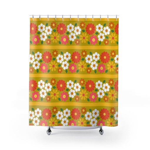 Funky Retro Daisy Shower Curtain with Groovy Flower Power Vibes