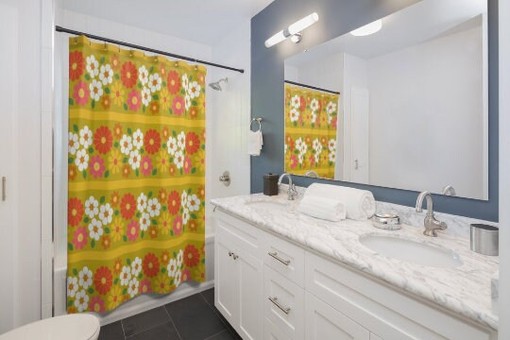 Funky Retro Daisy Shower Curtain with Groovy Flower Power Vibes - Image 2