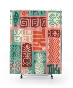 Funky Tiki Man Print Shower Curtain with Floral Pineapple Tiki Design in Teal, Pink, and Orange