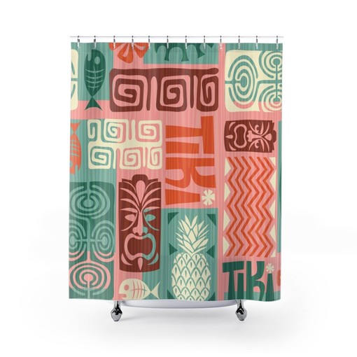 Funky Tiki Man Print Shower Curtain with Floral Pineapple Tiki Design in Teal, Pink, and Orange