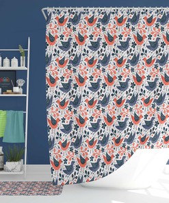 Garden Bird Shower Curtain | Blue Orange Bird Pattern | Home Bathroom Decor