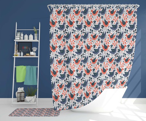 Garden Bird Shower Curtain | Blue Orange Bird Pattern | Home Bathroom Decor