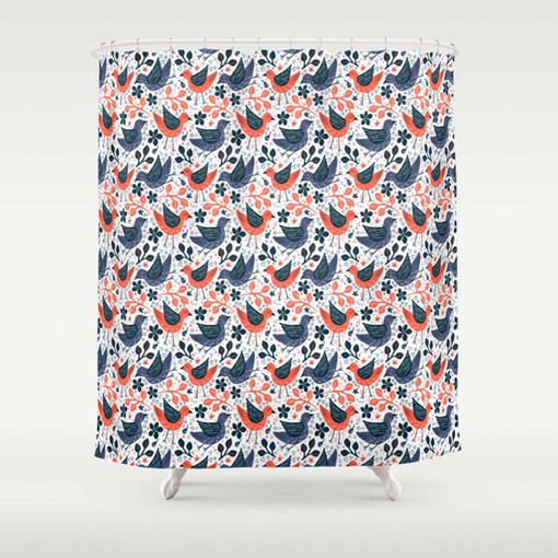 Garden Bird Shower Curtain | Blue Orange Bird Pattern | Home Bathroom Decor - Image 2