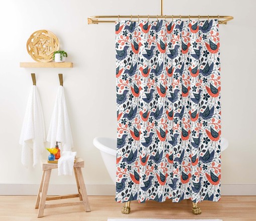 Garden Bird Shower Curtain | Blue Orange Bird Pattern | Home Bathroom Decor - Image 3