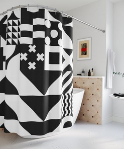 Geometric Abstract Flower Shower Curtain, Modern Designer Curtain, Minimalist Bathroom Decor Art