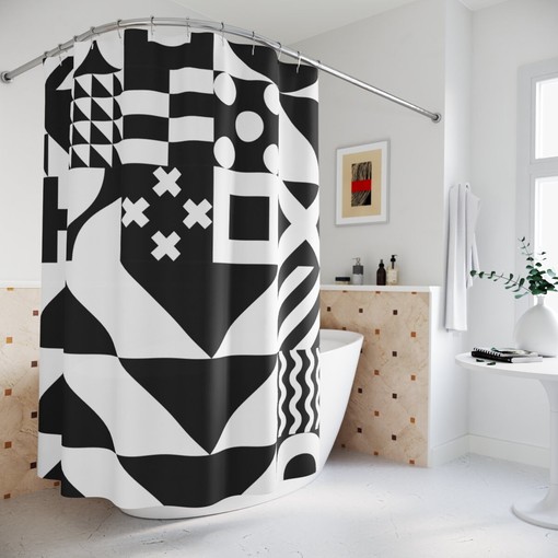 Geometric Abstract Flower Shower Curtain, Modern Designer Curtain, Minimalist Bathroom Decor Art