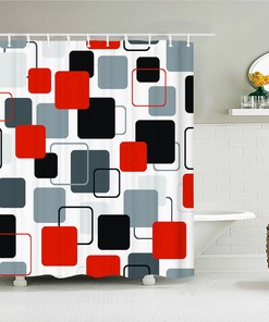 Geometric Abstract Red Gray Black Shower Curtain, Vintage Retro Bathroom Decor