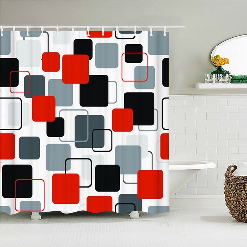 Geometric Abstract Red Gray Black Shower Curtain, Vintage Retro Bathroom Decor