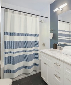 Geometric Blue and White Striped Shower Curtain - Modern Touch for Bathroom Decor