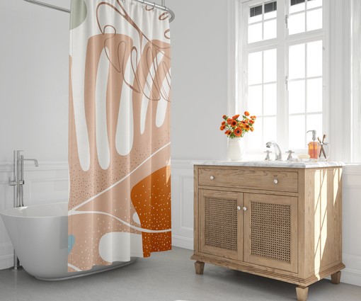 Geometric Boho Shower Curtain with Tropical Leaf Design, Abstract Style, Contemporary Bath Decor