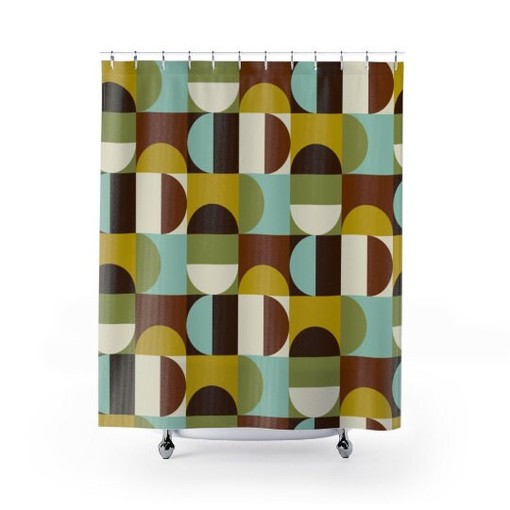 Geometric Chocolate Brown, Teal, Green, and White Mid Century Modern Shower Curtain for a Timeless Yet Modern Look - Image 3