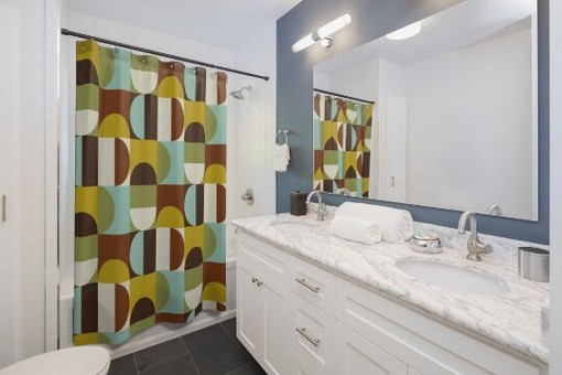 Geometric Chocolate Brown, Teal, Green, and White Mid Century Modern Shower Curtain for a Timeless Yet Modern Look - Image 4