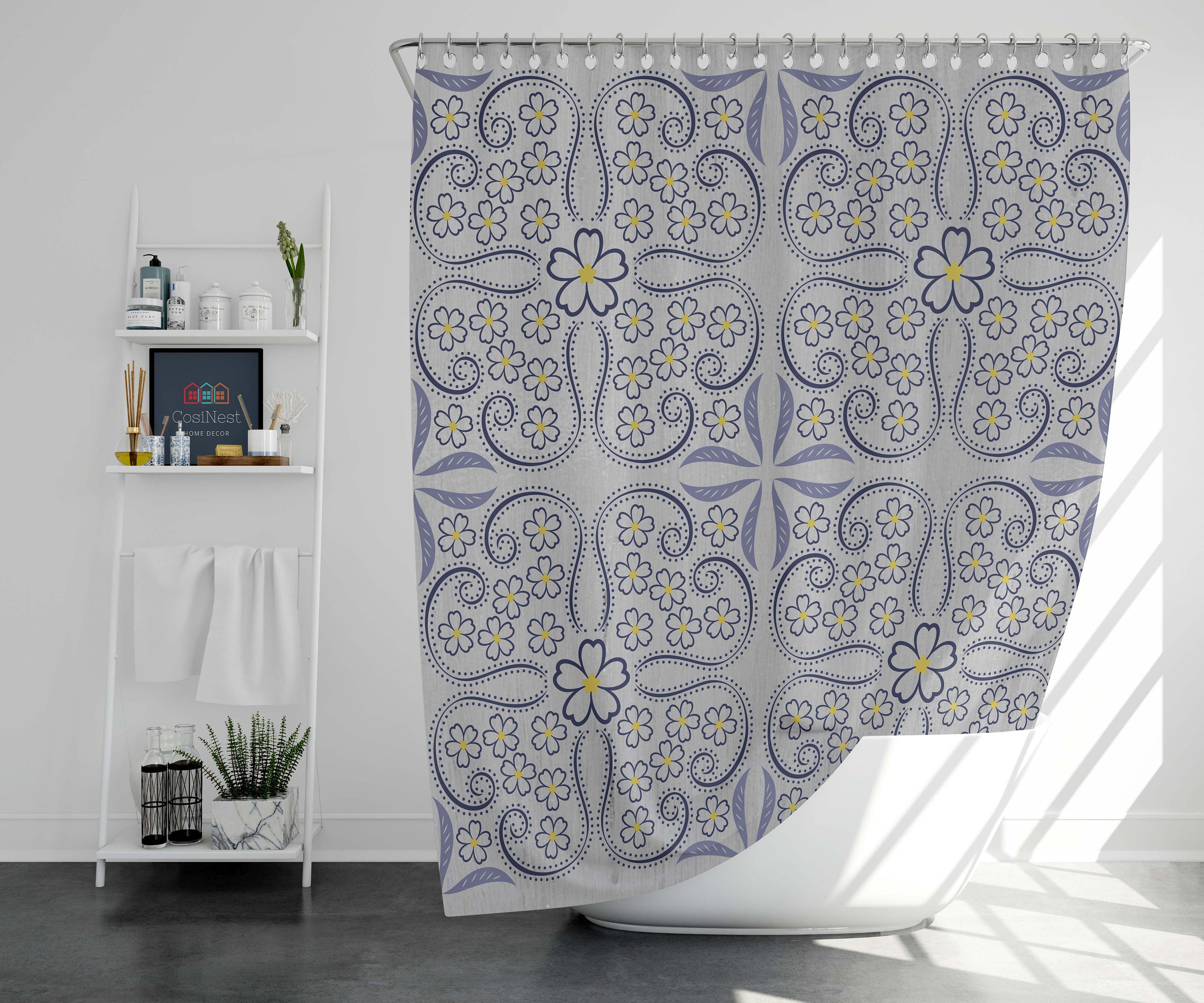 Geometric Floral Mandala Shower Curtain | Vintage Fabric Bathroom Curtain Set | Bohemian Bath Decor