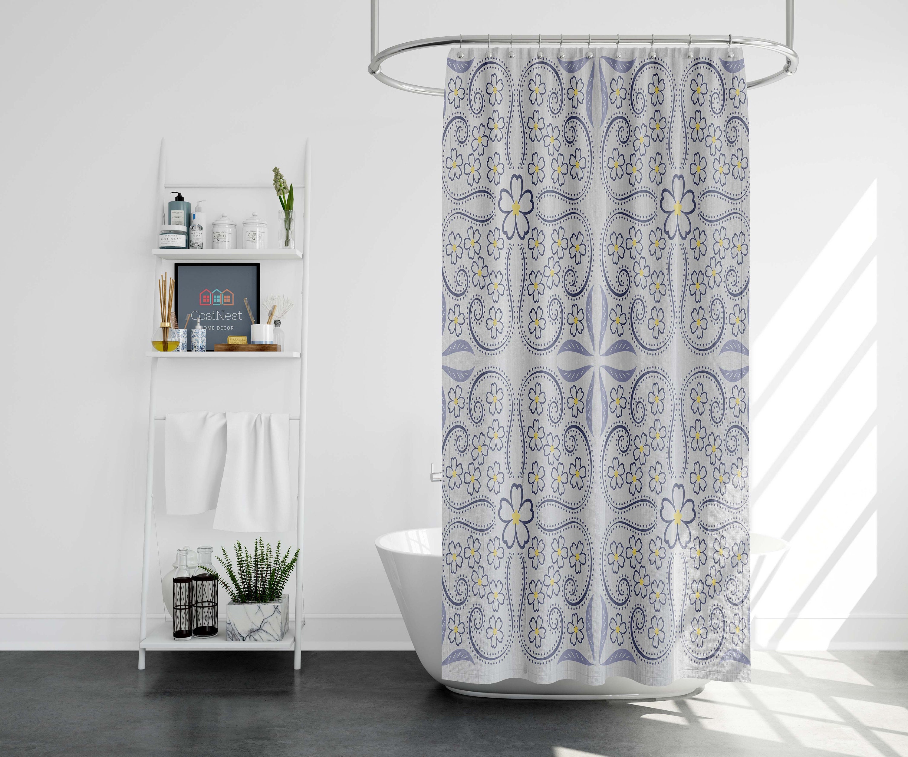 Geometric Floral Mandala Shower Curtain | Vintage Fabric Bathroom Curtain Set | Bohemian Bath Decor - Image 2