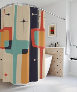 Geometric MCM Shower Curtain with Abstract Retro Design