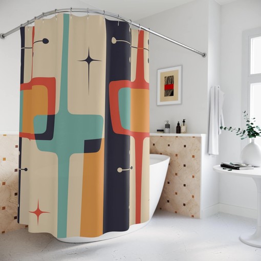 Geometric MCM Shower Curtain with Abstract Retro Design