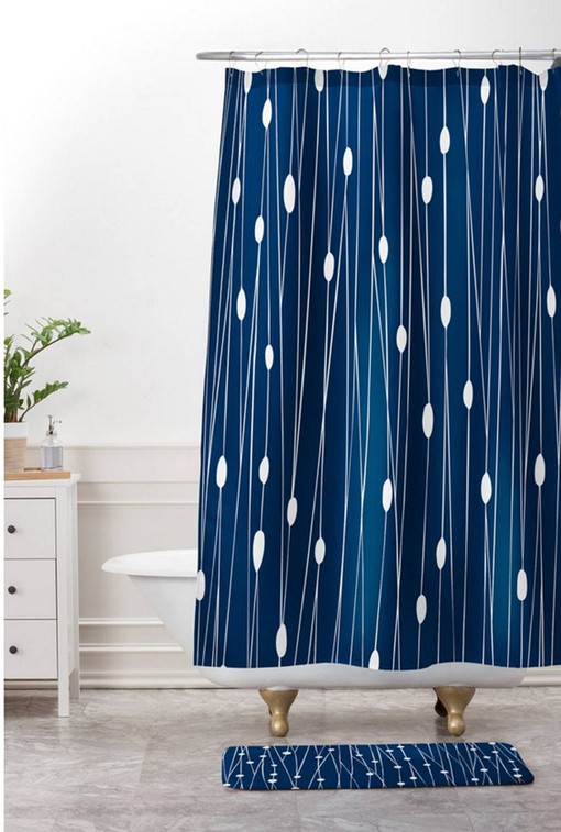 Geometric Oval Dot Pattern Vintage Shower Curtain, Modern Navy Blue Bath Curtain