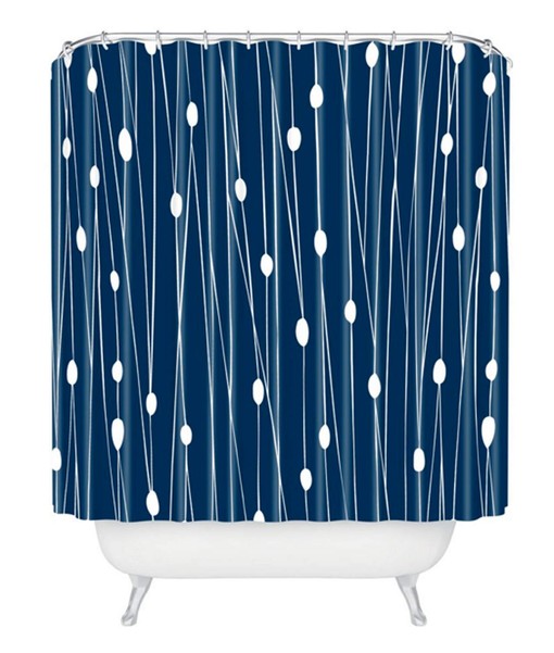 Geometric Oval Dot Pattern Vintage Shower Curtain, Modern Navy Blue Bath Curtain - Image 2