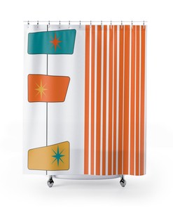 Geometric Retro Shower Curtain with Orange, Yellow, and White