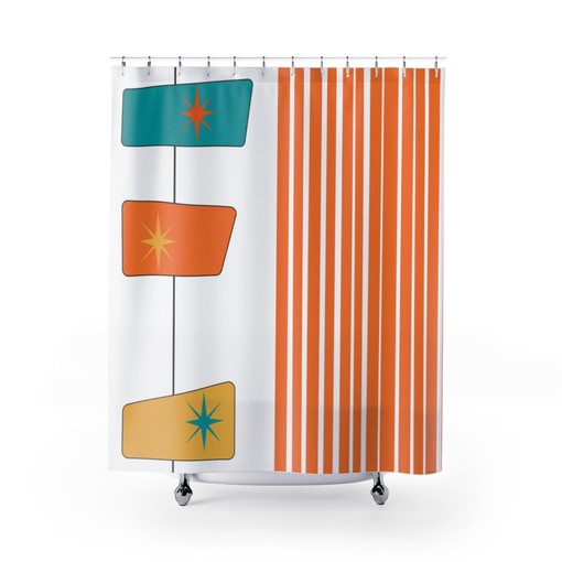 Geometric Retro Shower Curtain with Orange, Yellow, and White