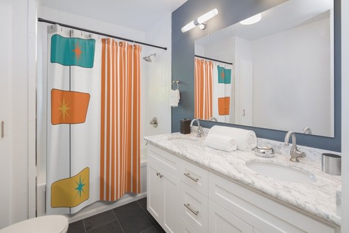 Geometric Retro Shower Curtain with Orange, Yellow, and White - Image 2