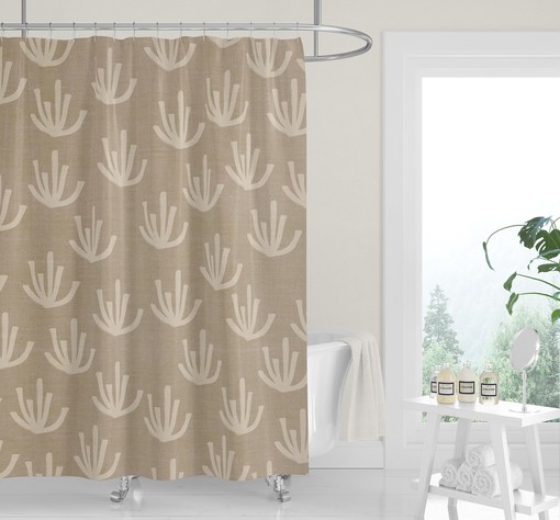 Geometric Tan Black Linen Print Shower Curtain, Casual Contemporary Bath Decor - Image 3