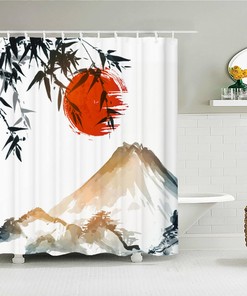 Get in Touch with Your Zen with Japanese Watercolor Landscape Shower Curtain, Mountain View and Bamboo Tree Bathroom