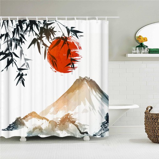 Get in Touch with Your Zen with Japanese Watercolor Landscape Shower Curtain, Mountain View and Bamboo Tree Bathroom