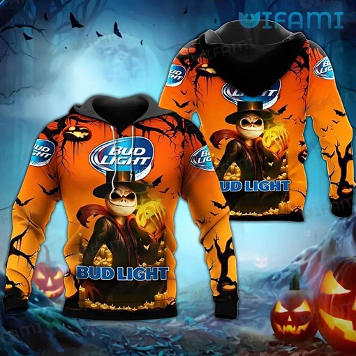 Get in the Halloween Spirit with a Bud Light Hoodie 3D featuring Jack Skellington Pumpkin Print for Beer Lovers