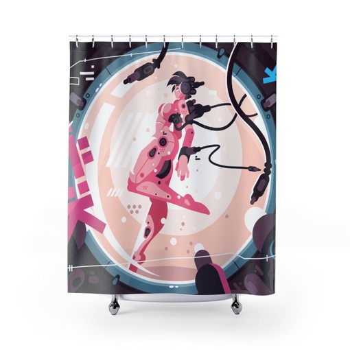 Ghost in the Machine Robot Girl Japan Manga Anime Print Shower Curtain for Futuristic Bathroom Decor