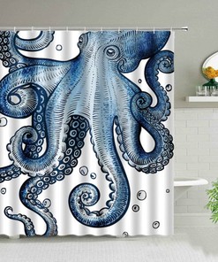 Giant Blue Octopus Shower Curtain | Marine Ocean Squid Mollusca | Nautical Bathroom Decor