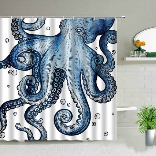 Giant Blue Octopus Shower Curtain | Marine Ocean Squid Mollusca | Nautical Bathroom Decor