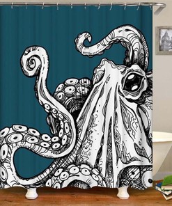 Giant Blue and White Octopus Print Shower Curtain for Coastal Bathroom Decor