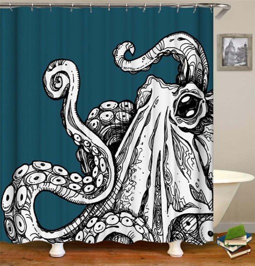 Giant Blue and White Octopus Print Shower Curtain for Coastal Bathroom Decor