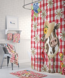 Gingham Cow Disney Shower Curtain Set with Optional Accessories