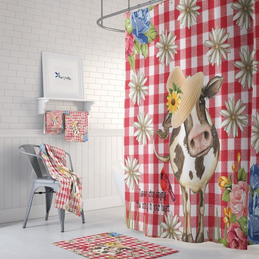 Gingham Cow Disney Shower Curtain Set with Optional Accessories