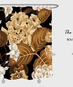 Gold Floral Shower Curtain with Hooks, Customizable Size, Water Repellent Fabric