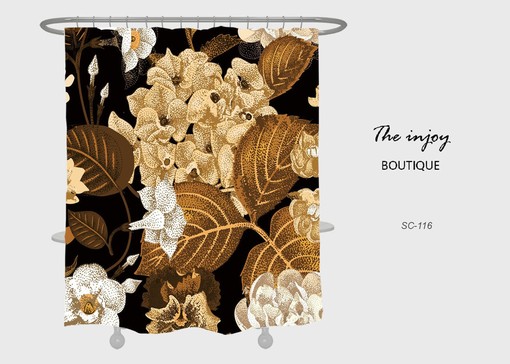 Gold Floral Shower Curtain with Hooks, Customizable Size, Water Repellent Fabric