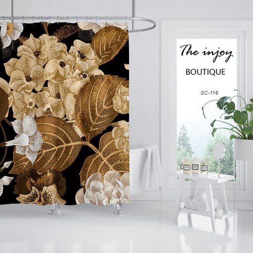 Gold Floral Shower Curtain with Hooks, Customizable Size, Water Repellent Fabric - Image 2