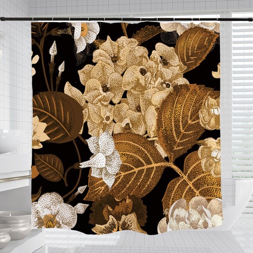 Gold Floral Shower Curtain with Hooks, Customizable Size, Water Repellent Fabric - Image 3