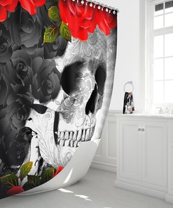 Gothic Bathroom Decor with Creepy Black Roses and Sugar Skull Red Shower Curtain featuring Restroom Shower Curtains