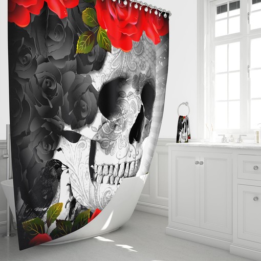 Gothic Bathroom Decor with Creepy Black Roses and Sugar Skull Red Shower Curtain featuring Restroom Shower Curtains