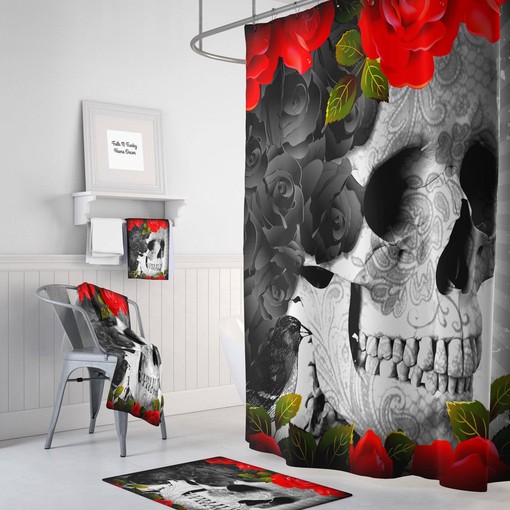 Gothic Bathroom Decor with Creepy Black Roses and Sugar Skull Red Shower Curtain featuring Restroom Shower Curtains - Image 2