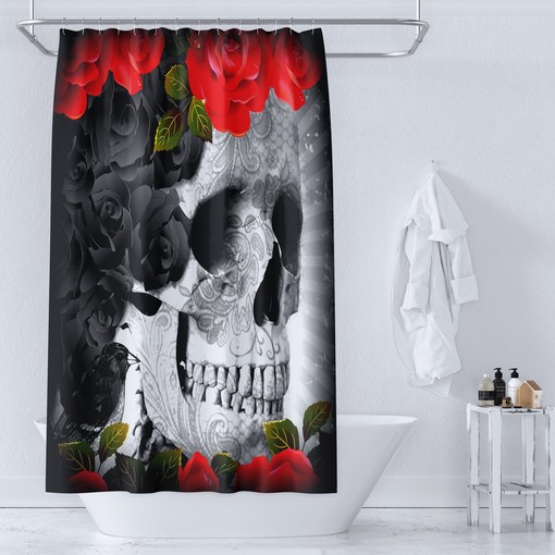 Gothic Bathroom Decor with Creepy Black Roses and Sugar Skull Red Shower Curtain featuring Restroom Shower Curtains - Image 3