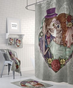 Gothic Bathroom Decor with Kissing Skulls Shower Curtain and Unique Shower Curtain Ideas