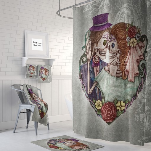 Gothic Bathroom Decor with Kissing Skulls Shower Curtain and Unique Shower Curtain Ideas