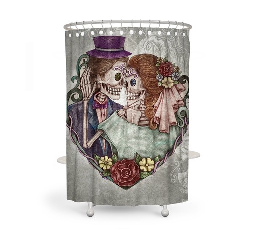 Gothic Bathroom Decor with Kissing Skulls Shower Curtain and Unique Shower Curtain Ideas - Image 2